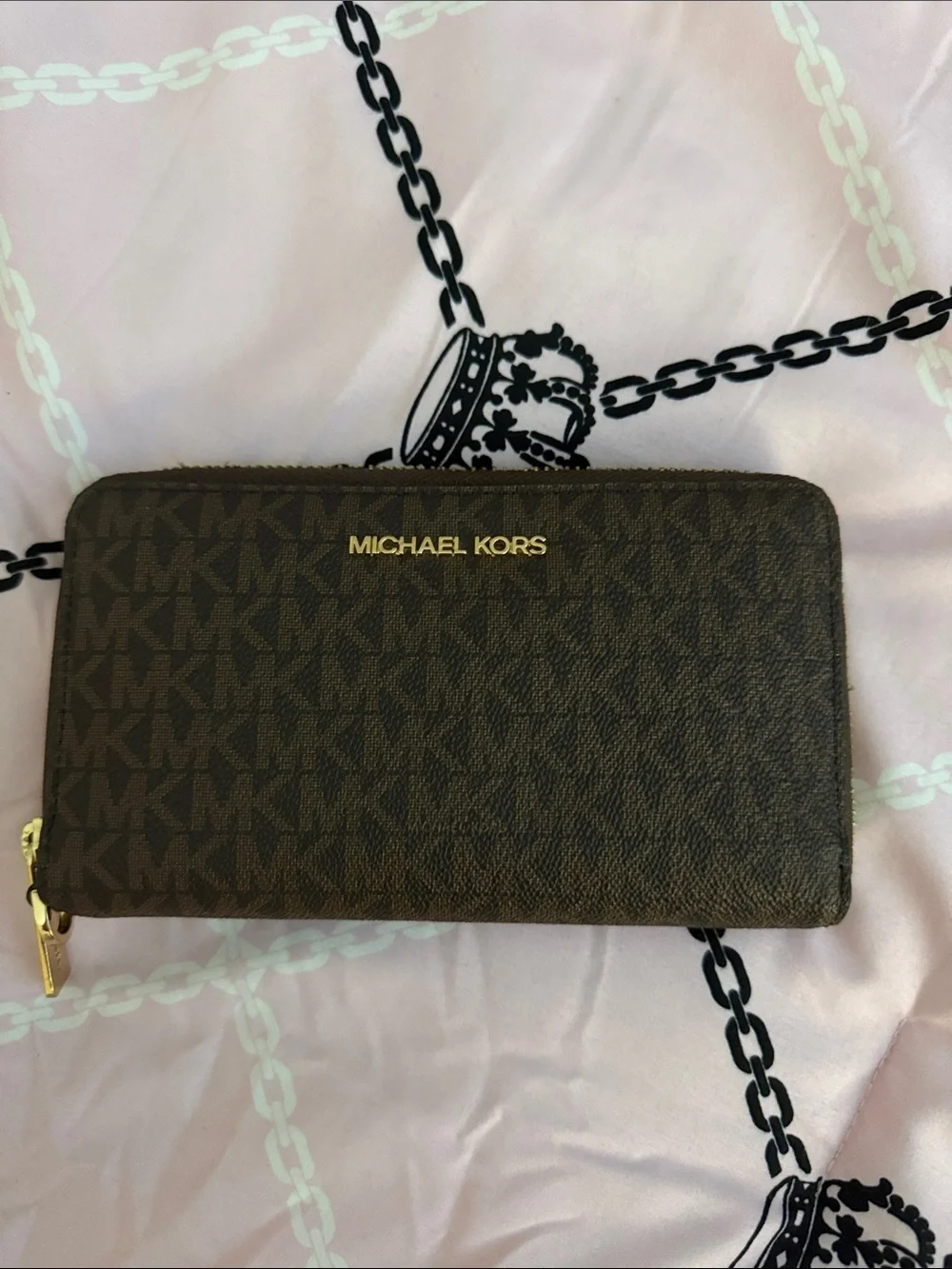 Michael Kors Brown Monogram Zip-Around Card Holder with Gold Logo